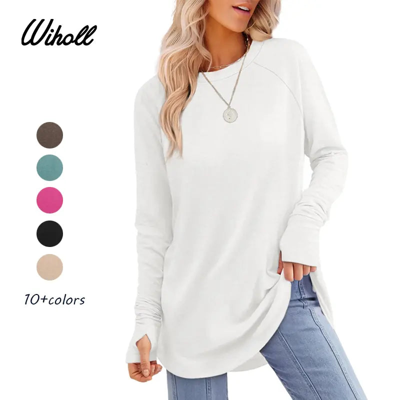 Women's Basic Minimalist Long Sleeve Round Neck Tunic Top - Lady's Spandex Shirt with Thumb Holes, Cuffed Sleeves, Curved Hem, Clothes for Women, Back to School Outfits to Wear with Leggings