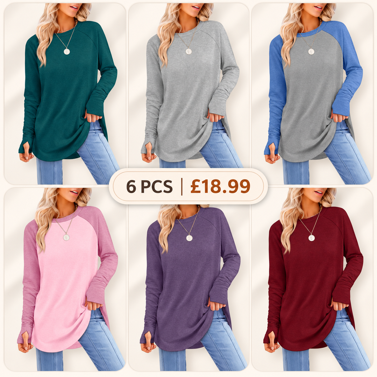 Women's Basic Minimalist Long Sleeve Round Neck Tunic Top - Lady's Spandex Shirt with Thumb Holes, Cuffed Sleeves, Curved Hem, Clothes for Women, Back to School Outfits to Wear with Leggings