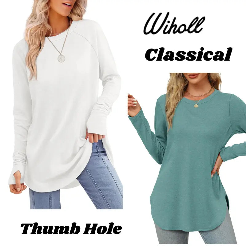 Women's Basic Minimalist Long Sleeve Round Neck Tunic Top - Lady's Spandex Shirt with Thumb Holes, Cuffed Sleeves, Curved Hem, Clothes for Women, Back to School Outfits to Wear with Leggings